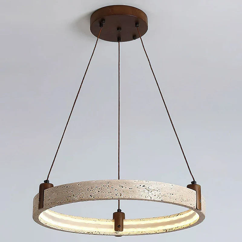 Travertijn Ring Kroonluchter – Natuursteen Hanglamp met Walnoot Hout en Geïntegreerde LED | Scandinavisch Design voor Woon- en Eetkamer | Sansoti