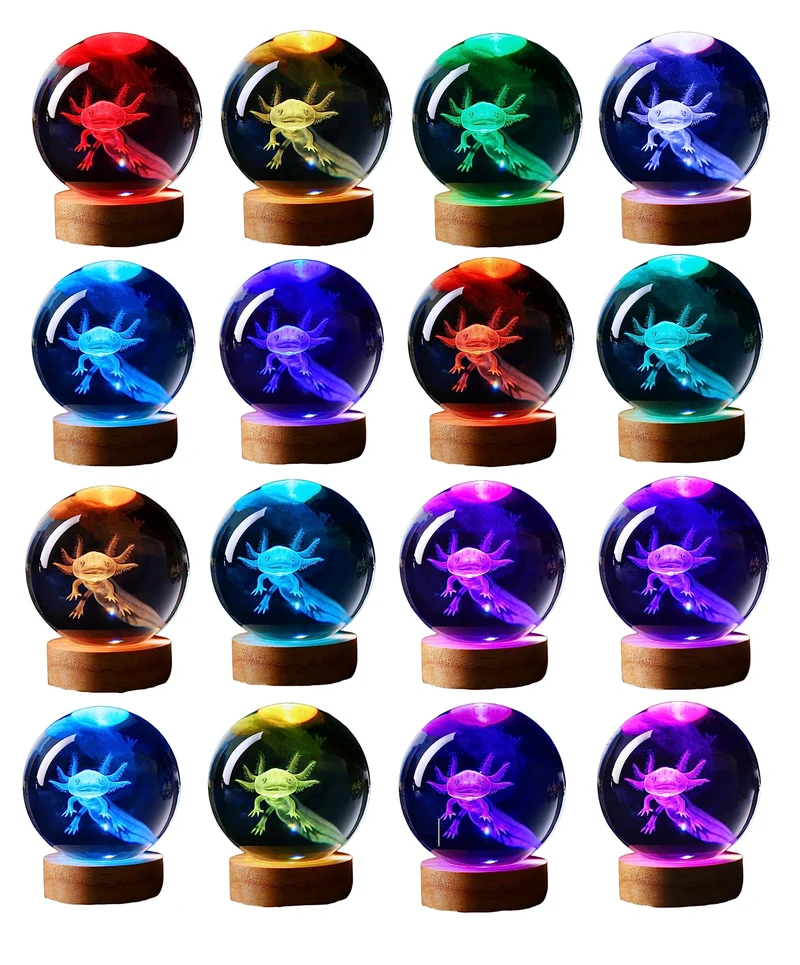 3D Kristal Axolotl Sfeer Lamp met Houten Basis - 16 Kleuren Lichtmodus - Ø8cm Kristallen Bol met LED Verlichting | Sansoti