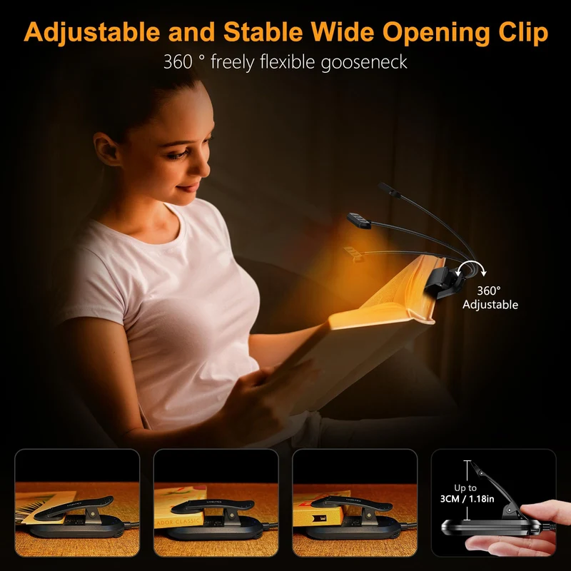 Oplaadbare Leeslamp met 19 LEDs – 3 Kleurtemperaturen & 5 Helderheidsniveaus – Flexibele Nek Verstelbaar – Klemontwerp voor Boek & E-reader – USB-C – Ideaal voor Nachtelijk Lezen | Sansoti