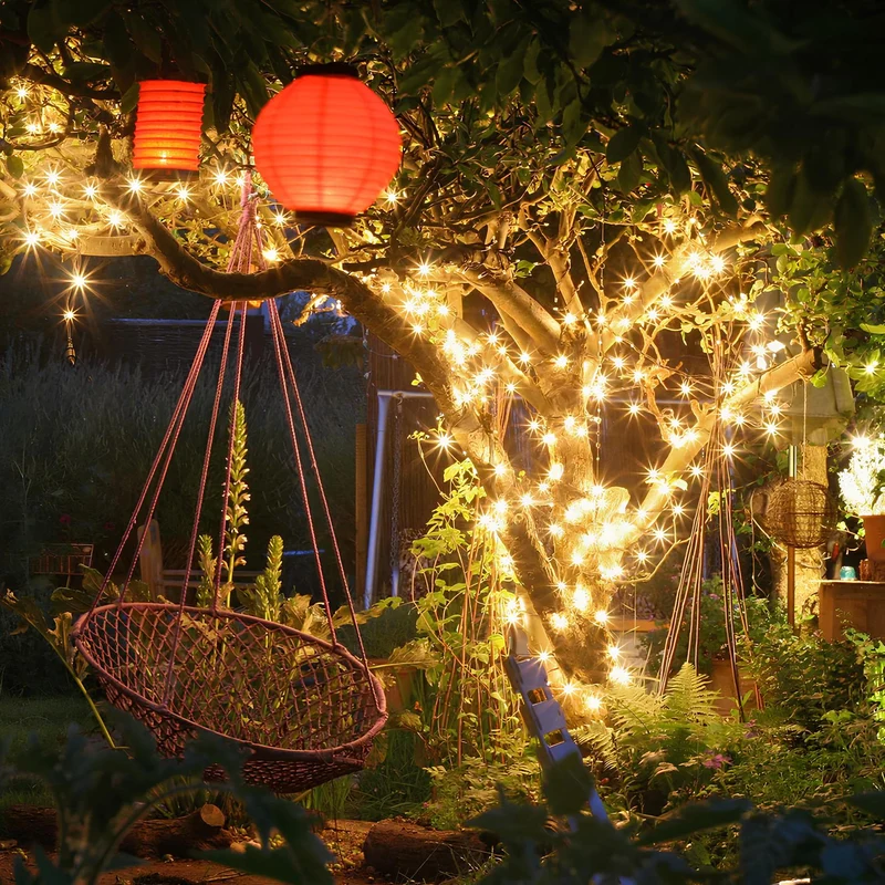Solar LED Lichtsnoer Warm Wit Groene Koperdraad IP65 Waterdicht Voor Tuin Terras & Balkon | Sansoti