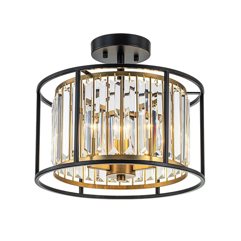 Minimalistische Semi-Plafondlamp met Kristallen Accenten 3-Lichtpunten Zwart-Gouden Afwerking Drumvormig Frame E12 Fitting | Sansoti