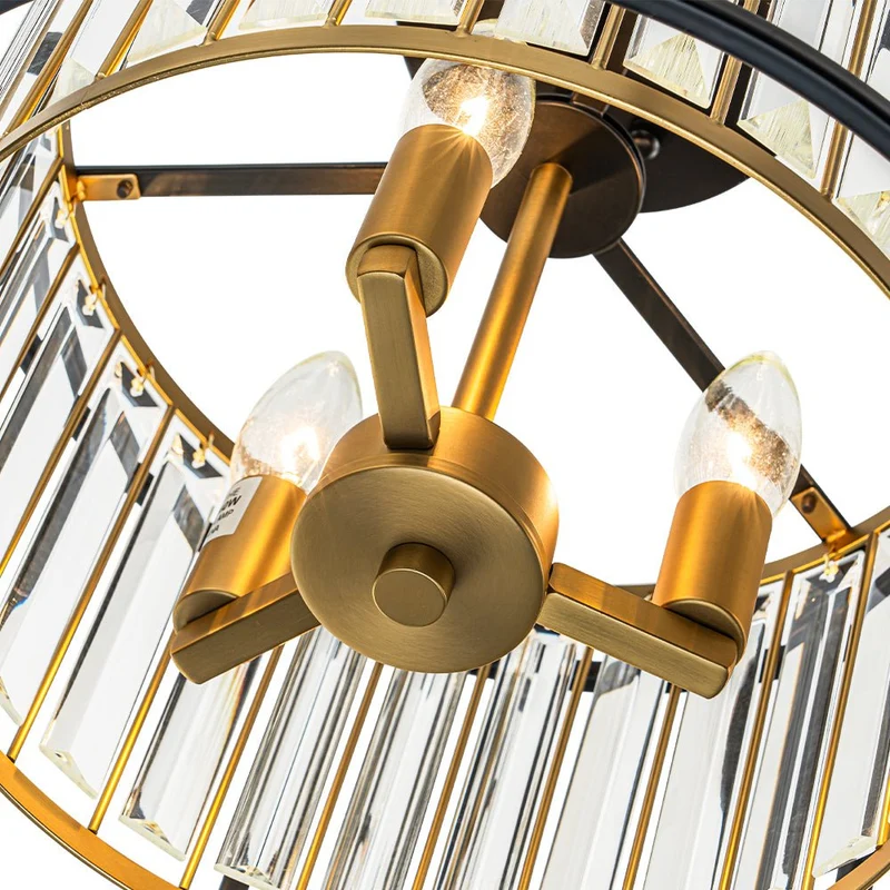 Minimalistische Semi-Plafondlamp met Kristallen Accenten 3-Lichtpunten Zwart-Gouden Afwerking Drumvormig Frame E12 Fitting | Sansoti