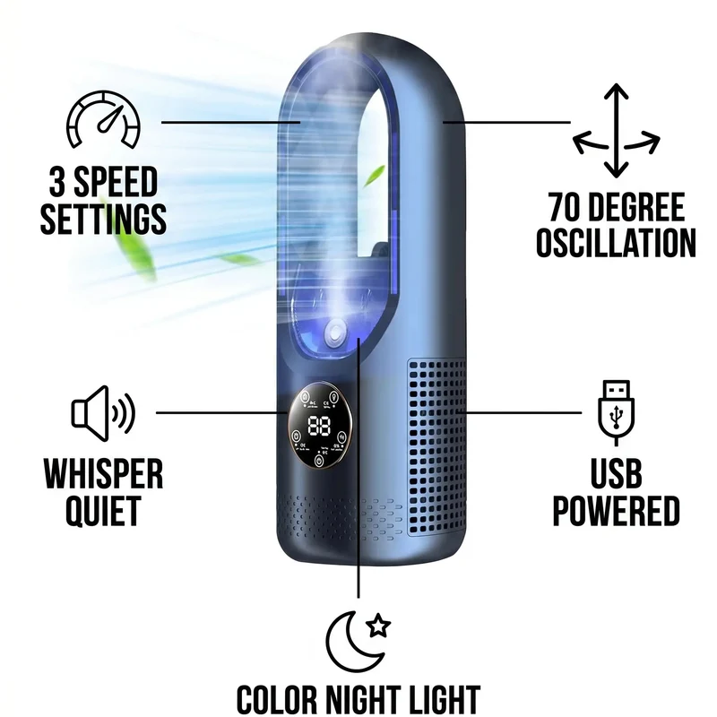 Draagbare Stil Aircooler zonder Bladeren USB – Compacte Tafelventilator voor Thuis & Kantoor – 6 Snelheden – Watertank 100ml | Sansoti