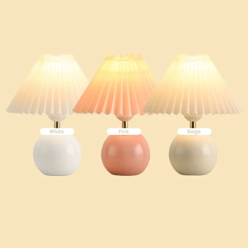 Keramische Tafellamp met Plooikap – Japanse Stijl Verlichting Wit Roze Beige voor Slaapkamer Woonkamer Bureau | Sansoti