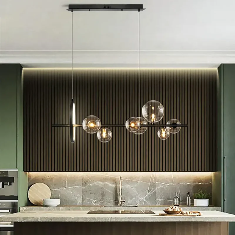 Glazen Hanglampen Lineair - Modern Gouden of Zwarte Hanglamp met 7 of 10 Lichtpunten - Inclusief G9 LED Lampen - Verstelbare Hoogte voor Keukeneiland Eettafel | Sansoti