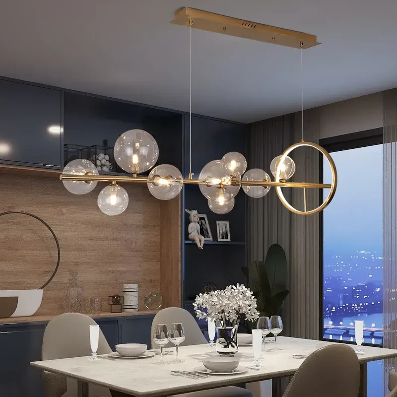 Glazen Hanglampen Lineair - Modern Gouden of Zwarte Hanglamp met 7 of 10 Lichtpunten - Inclusief G9 LED Lampen - Verstelbare Hoogte voor Keukeneiland Eettafel | Sansoti
