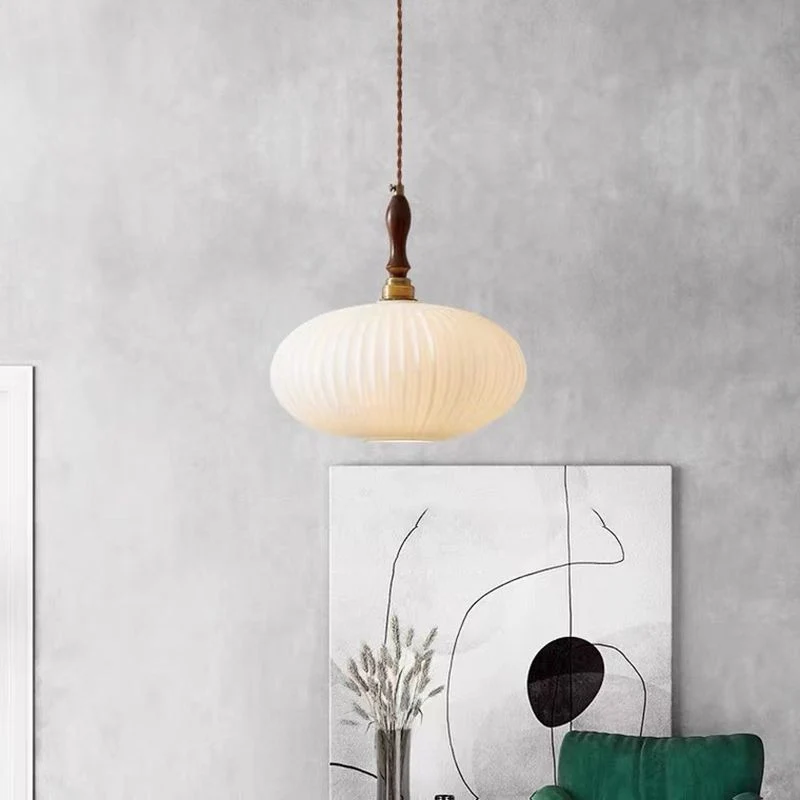 Hanglamp Glas Melkwit Koepelvorm Walnoot Hout 25cm Modern Klassiek Design Eetkamer Keuken Woonkamer Café | Sansoti