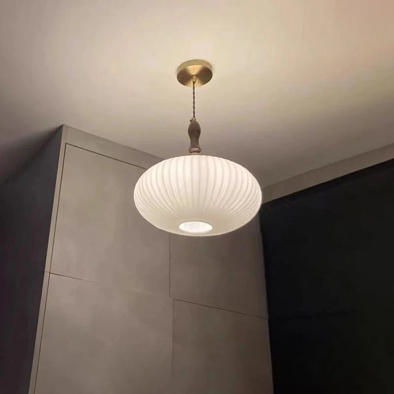 Hanglamp Glas Melkwit Koepelvorm Walnoot Hout 25cm Modern Klassiek Design Eetkamer Keuken Woonkamer Café | Sansoti