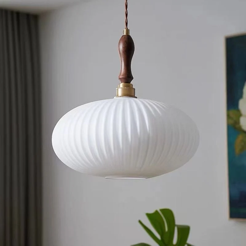 Hanglamp Glas Melkwit Koepelvorm Walnoot Hout 25cm Modern Klassiek Design Eetkamer Keuken Woonkamer Café | Sansoti