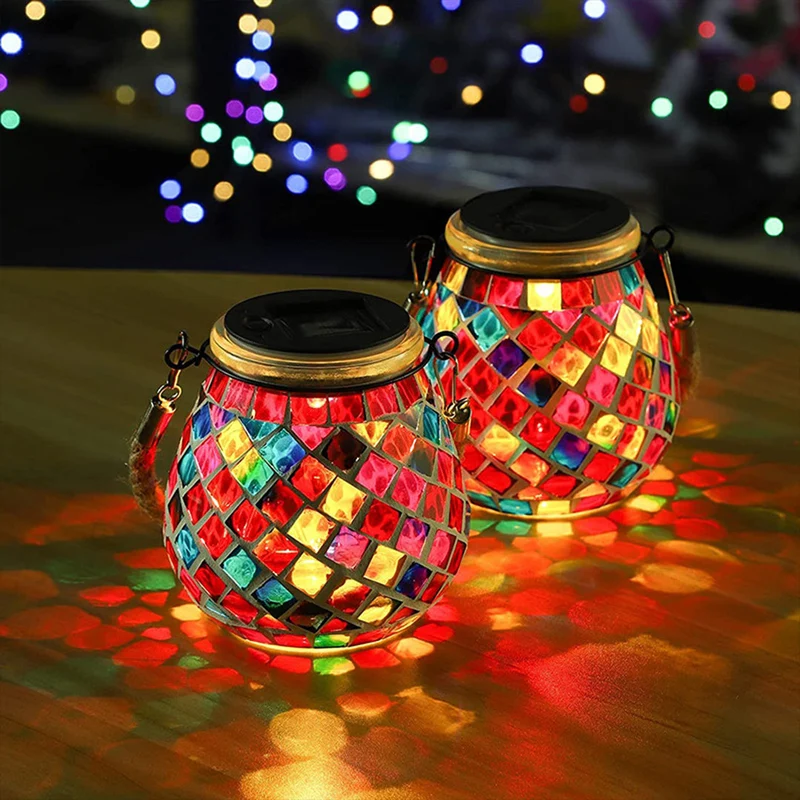 Solar Tuinlamp met Gekleurd Glas – Handgemaakte Lantaarn met Mozaïek Lichteffect voor Sfeervol Buitendecor | Sansoti