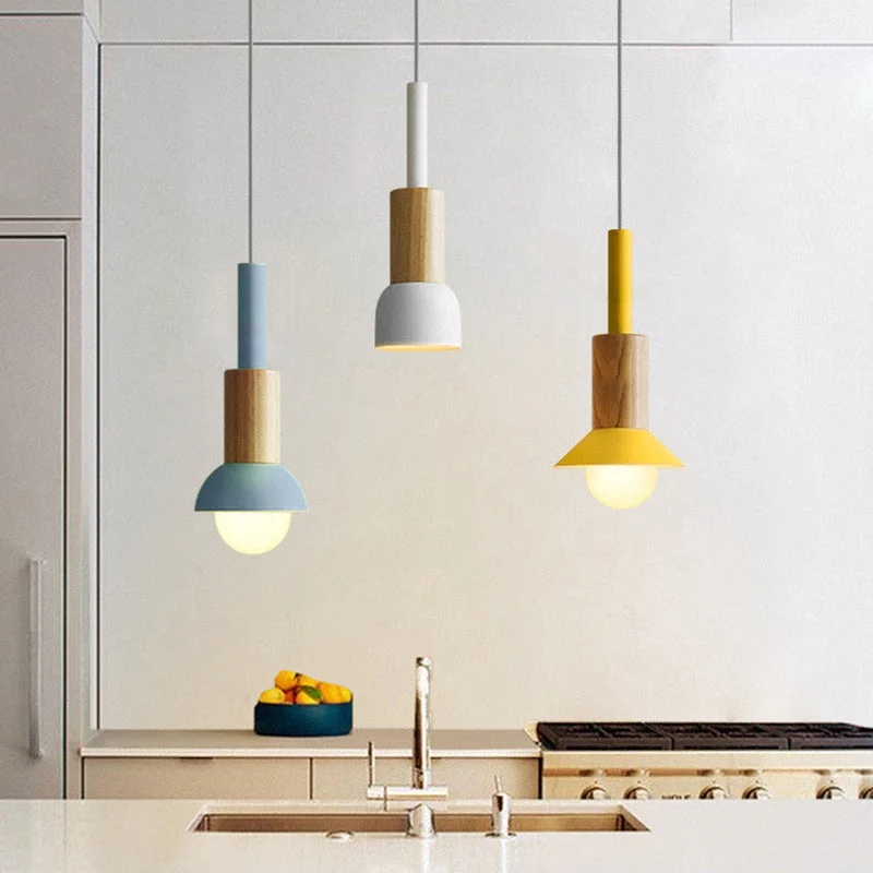 Scandinavische Houten Hanglamp met Gekleurd Metalen Accent - Minimalistische Verlichting voor Boven Eettafel en Woonkamer | Sansoti