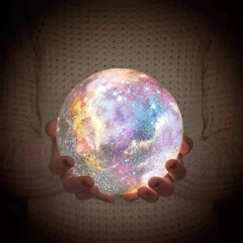3D Galaxie Maanlamp met Houten Standaard Draadloos Dimbaar Sfeerverlichting Nachtlampje Tafelverlichting 16 Kleuren LED | Sansoti