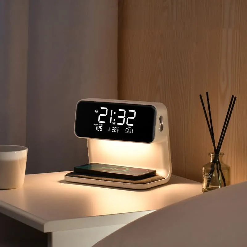Nachtkastlamp met Draadloze Oplader en Wekker 3-in-1 Multifunctioneel LED Verlichting Touch Dimbaar Wit | Sansoti
