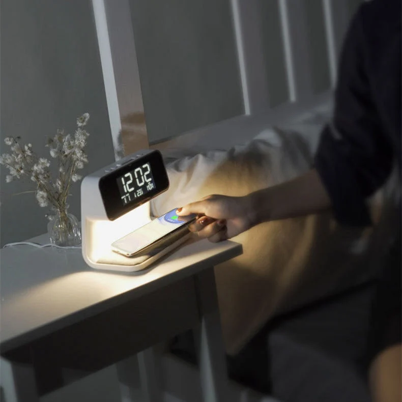 Nachtkastlamp met Draadloze Oplader en Wekker 3-in-1 Multifunctioneel LED Verlichting Touch Dimbaar Wit | Sansoti