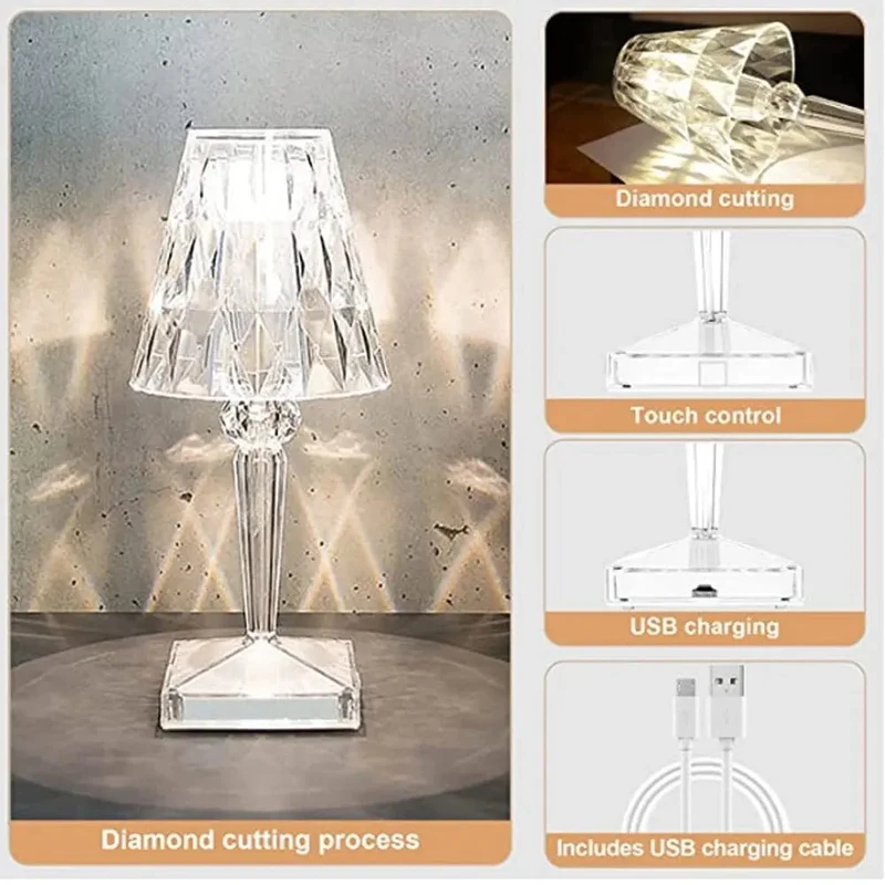 Draadloze LED Tafellamp met Kristalgeslepen Finish Transparant Oplaadbaar | Sansoti