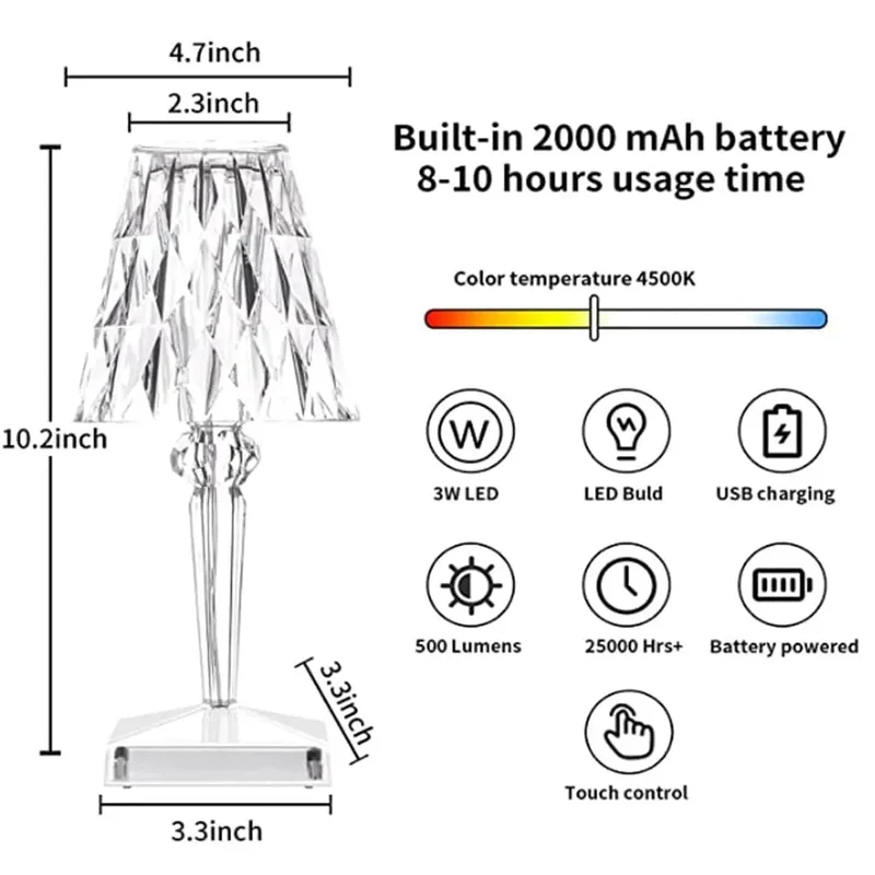 Draadloze LED Tafellamp met Kristalgeslepen Finish Transparant Oplaadbaar | Sansoti