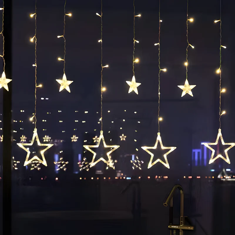 LED Sterrenverlichting Gordijn Warm Wit – 5 Verlichte Sterren met Timerfunctie voor Binnen en Buiten | Sansoti