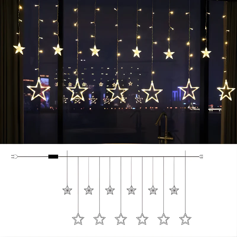 LED Sterrenverlichting Gordijn Warm Wit – 5 Verlichte Sterren met Timerfunctie voor Binnen en Buiten | Sansoti