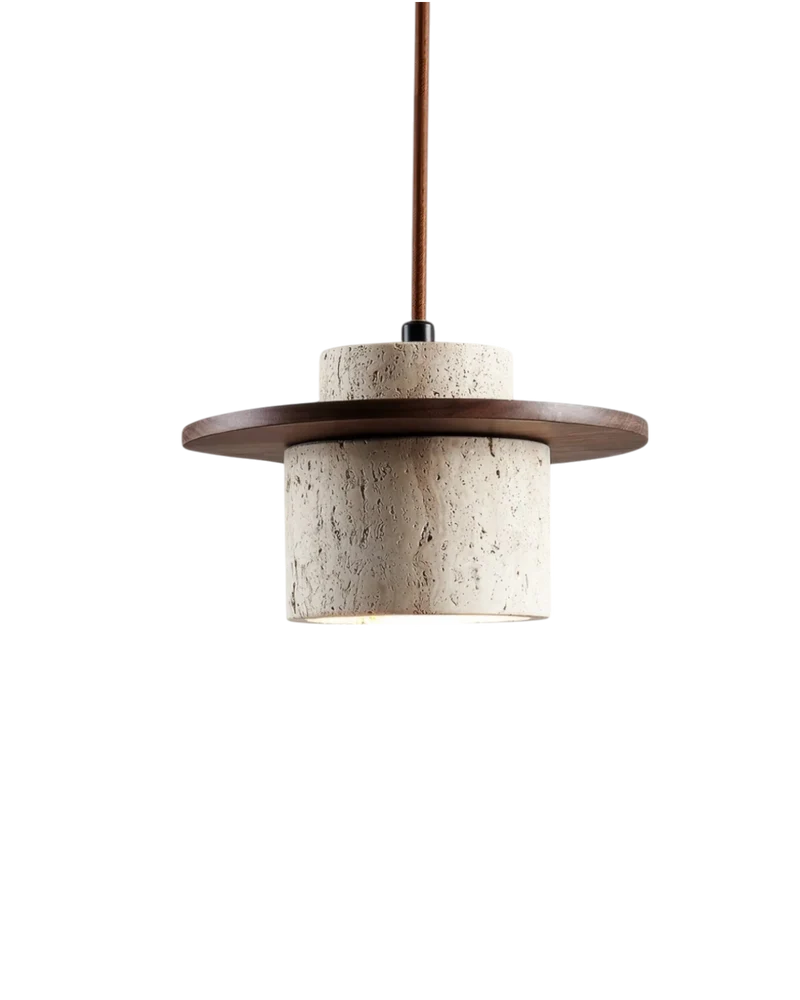 Hanglamp natuursteen travertijn met walnoot accent modern design | Sansoti