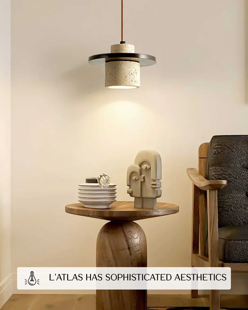 Hanglamp natuursteen travertijn met walnoot accent modern design | Sansoti