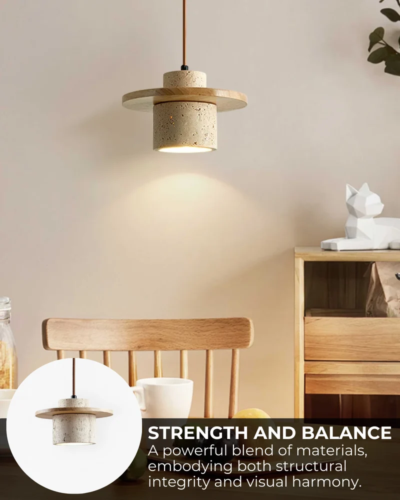 Hanglamp natuursteen travertijn met walnoot accent modern design | Sansoti