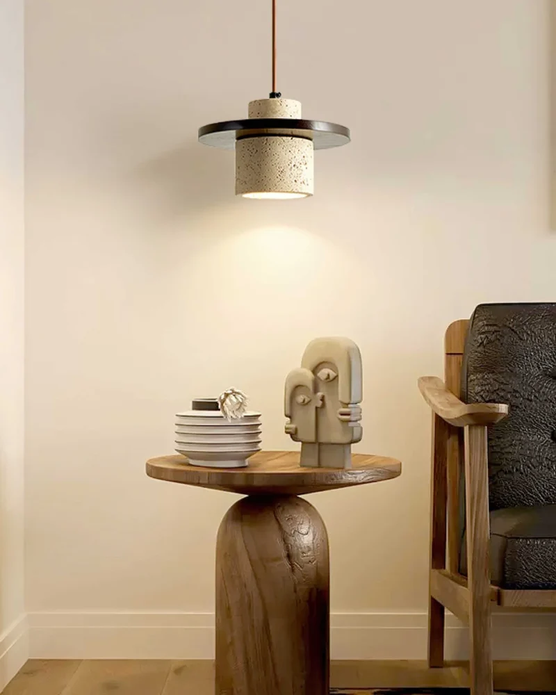 Hanglamp natuursteen travertijn met walnoot accent modern design | Sansoti