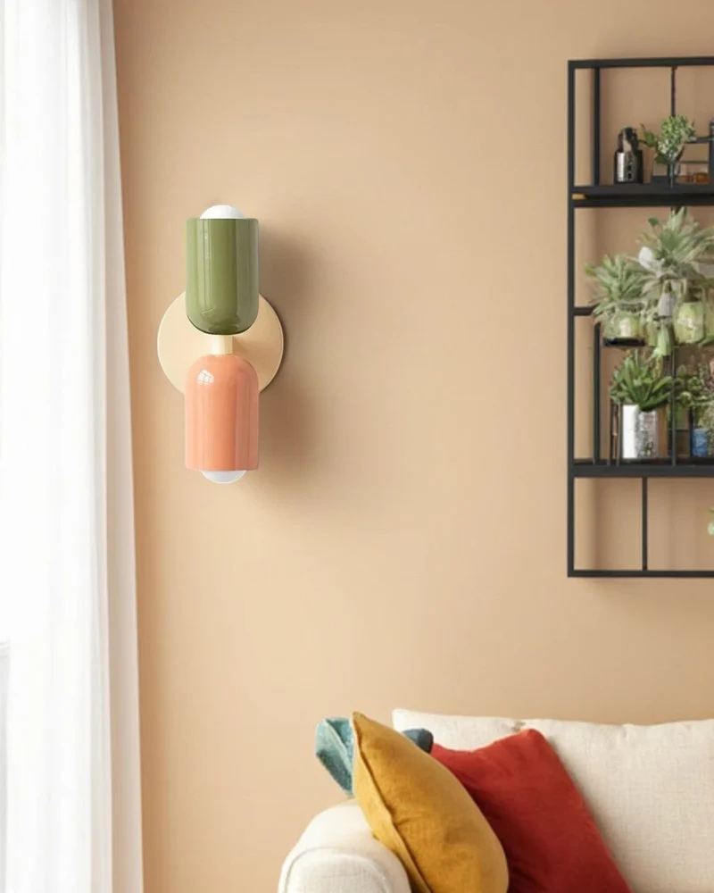 Dubbele Wandlamp met Ronde Lampenkappen – Modern Design in Groen, Beige, Rood of Roze – Sfeerverlichting voor Slaapkamer, Woonkamer en Hal | Sansoti