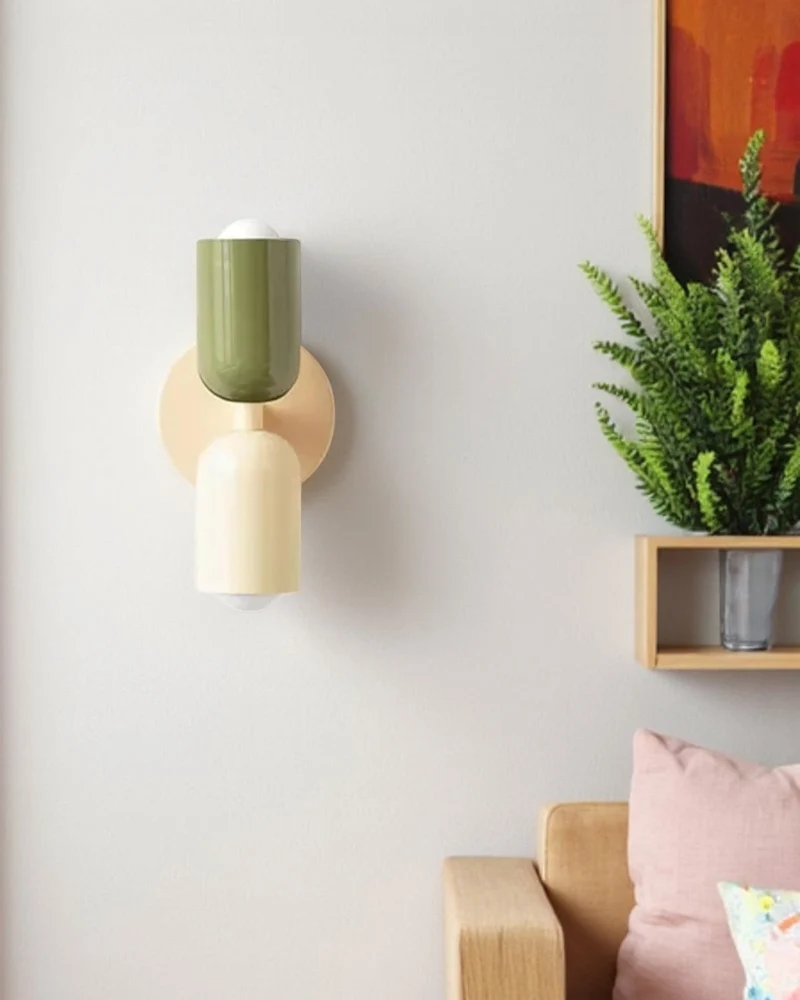 Dubbele Wandlamp met Ronde Lampenkappen – Modern Design in Groen, Beige, Rood of Roze – Sfeerverlichting voor Slaapkamer, Woonkamer en Hal | Sansoti