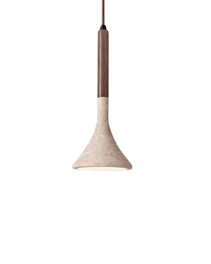 Travertijn Hanglamp met Walnoot Hout – Natuursteen Eetkamerlamp Warm Licht Scandinavisch Interieur | Sansoti