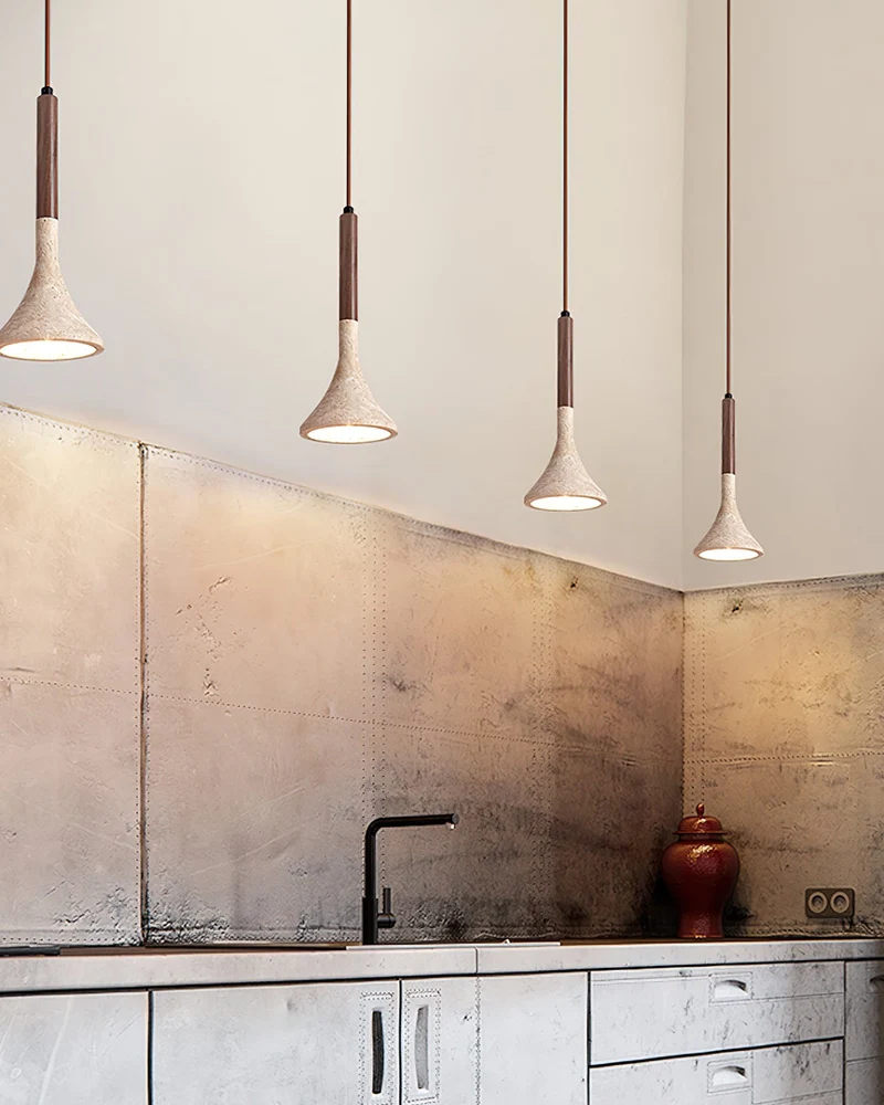 Travertijn Hanglamp met Walnoot Hout – Natuursteen Eetkamerlamp Warm Licht Scandinavisch Interieur | Sansoti