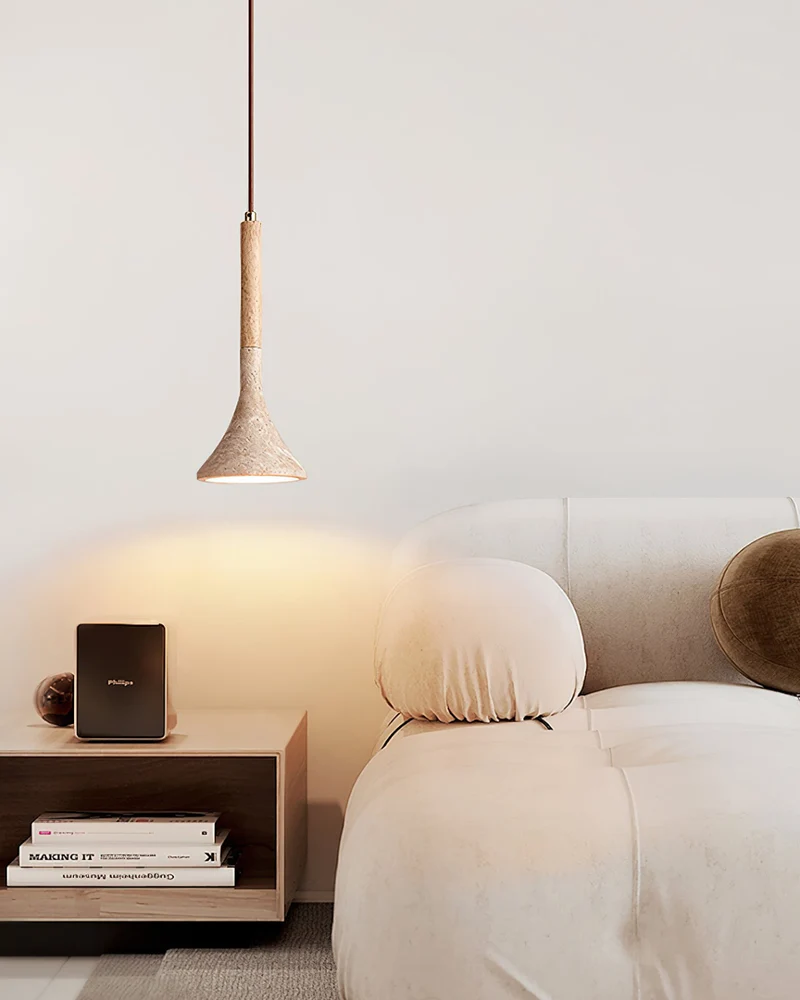 Travertijn Hanglamp met Walnoot Hout – Natuursteen Eetkamerlamp Warm Licht Scandinavisch Interieur | Sansoti