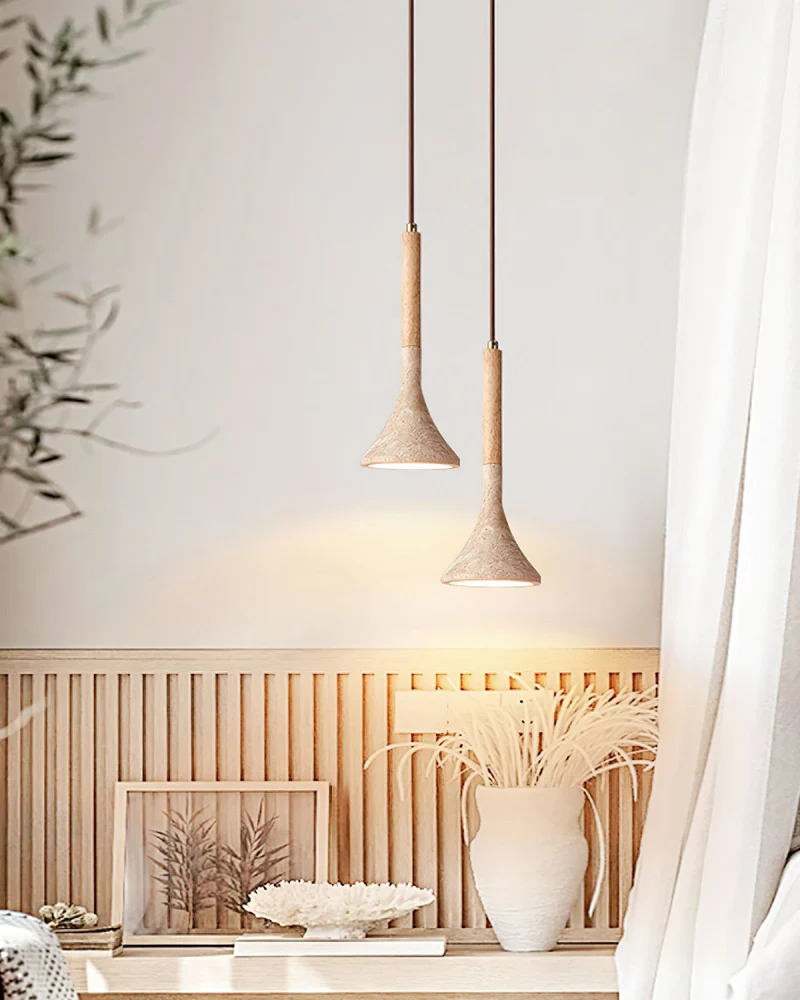 Travertijn Hanglamp met Walnoot Hout – Natuursteen Eetkamerlamp Warm Licht Scandinavisch Interieur | Sansoti