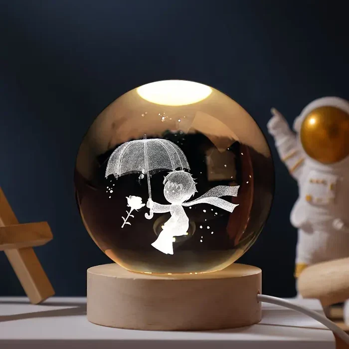 3D Gravure Verlichte Glazen Bol met Houten Voet | Cosmos Sterrenstelsel LED Nachtlampje USB Decoratieve Bol | Sansoti