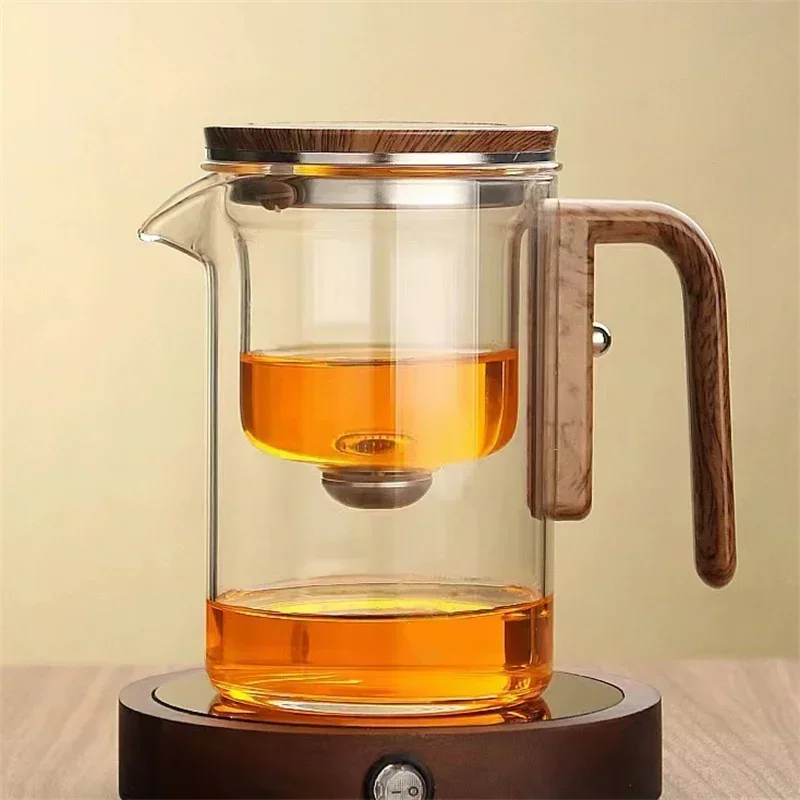 Glazen Theepot met Magnetisch Filtersysteem 520ml-720ml Borosilicaatglas Afneembare Zeef Houten Handvat Losse Thee Infuser Koffiekan | Sansoti