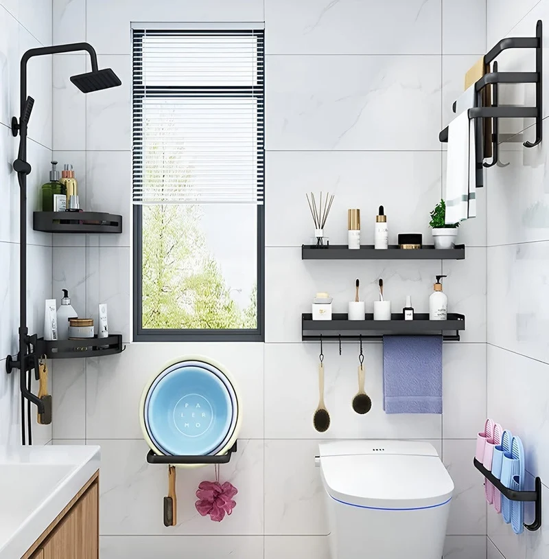 Handdoekrek Wandmontage Aluminium Zwart 40-60cm Badkamer Plank | Sansoti
