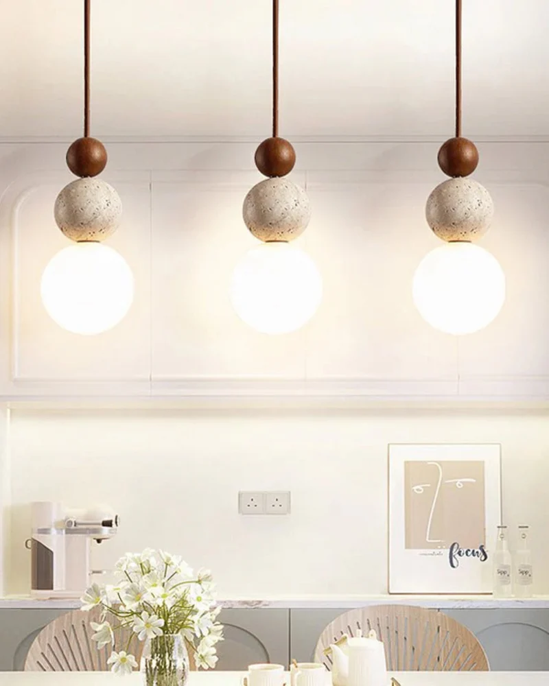 Sculptuur Hanglamp met Natuursteen en Glazen Bol – Warm Ambient Licht voor Eetkamer Woonkamer Slaapkamer – Japandi Design Hangverlichting | Sansoti