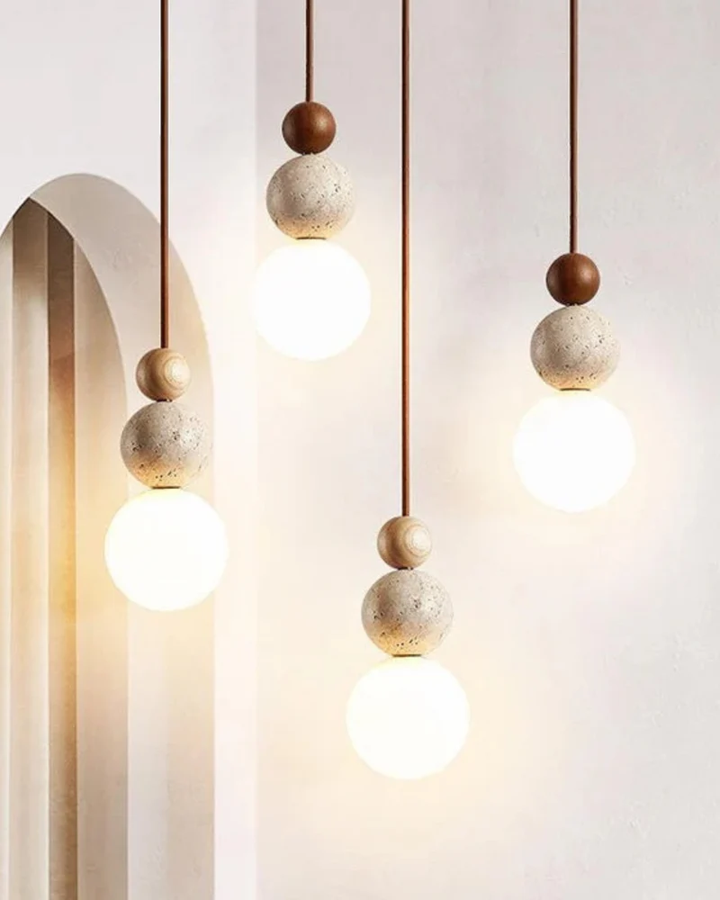 Sculptuur Hanglamp met Natuursteen en Glazen Bol – Warm Ambient Licht voor Eetkamer Woonkamer Slaapkamer – Japandi Design Hangverlichting | Sansoti