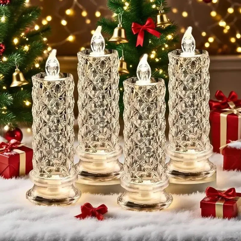 LED Kristalkaars Set 4 Stuks Warmwit Licht Batterij Veilige Nepkaarsen voor Feestdagen en Sfeerverlichting Zonder Vlam Kristalglas Look Tafeldecoratie | Sansoti