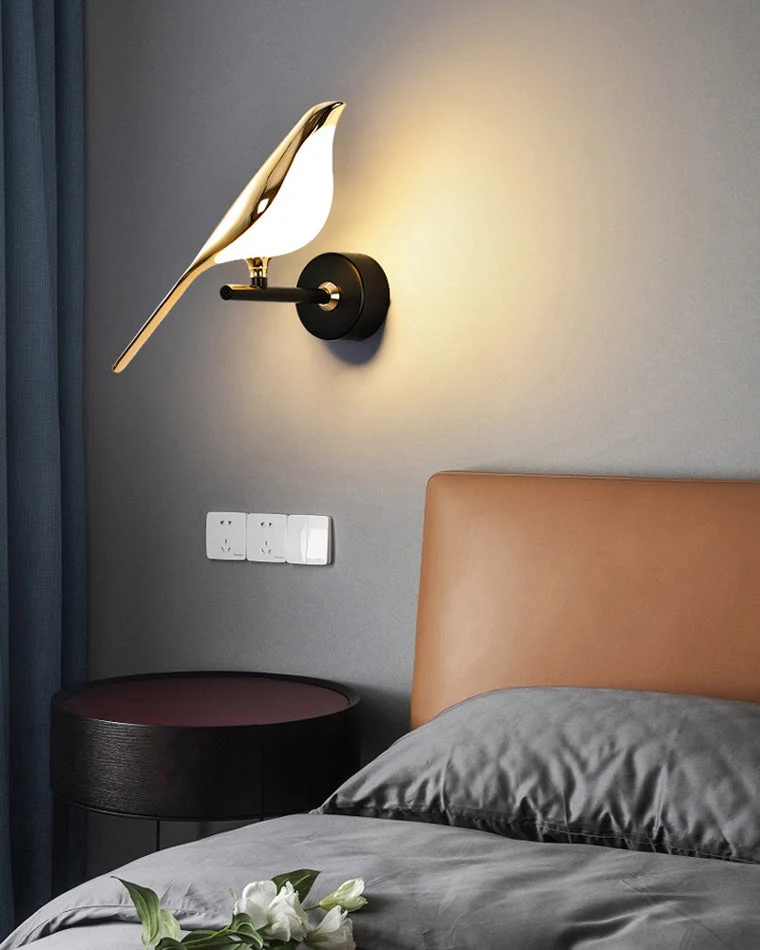 Wandlamp Vogel Goud Zwart Metaal LED Warm Wit Slaapkamer Hal Decoratief | Sansoti