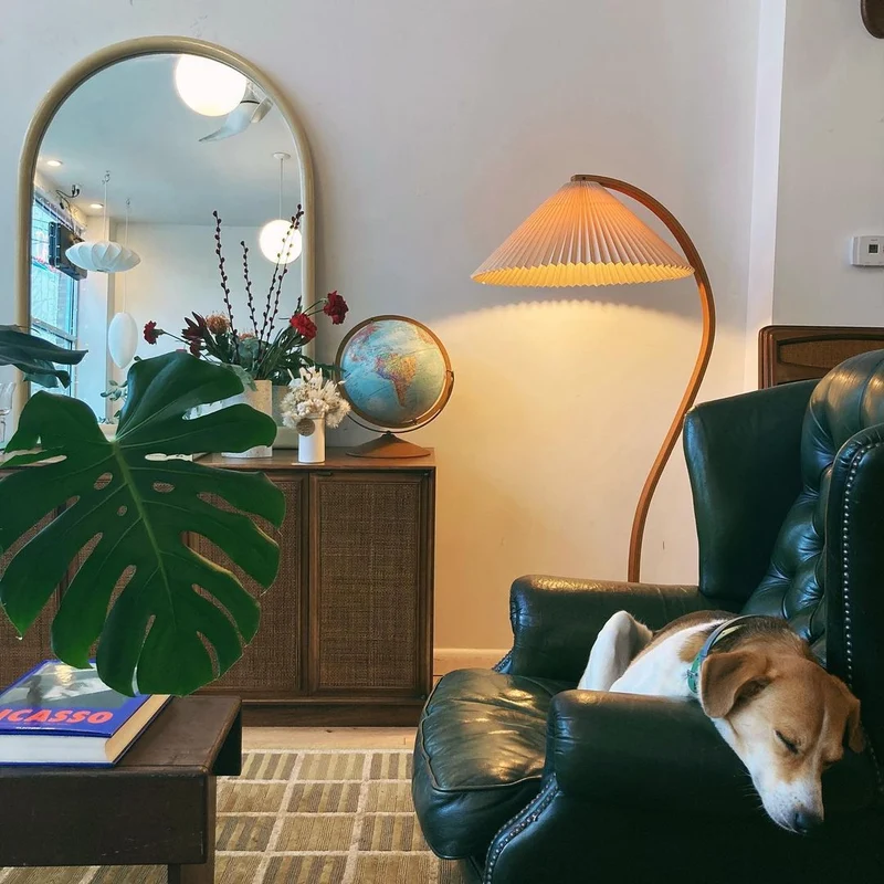 Boog Vloerlamp Beukenhouten Linnen Kap Retro Woonkamer | Sansoti