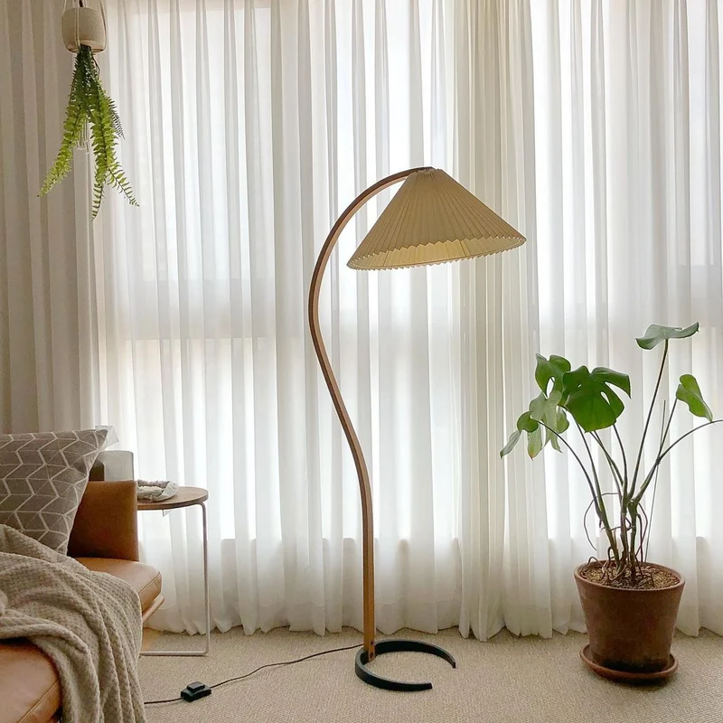Boog Vloerlamp Beukenhouten Linnen Kap Retro Woonkamer | Sansoti