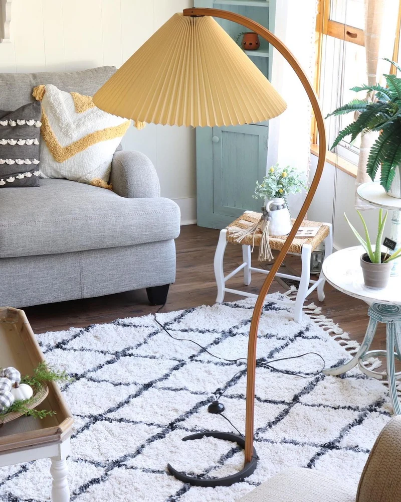 Boog Vloerlamp Beukenhouten Linnen Kap Retro Woonkamer | Sansoti
