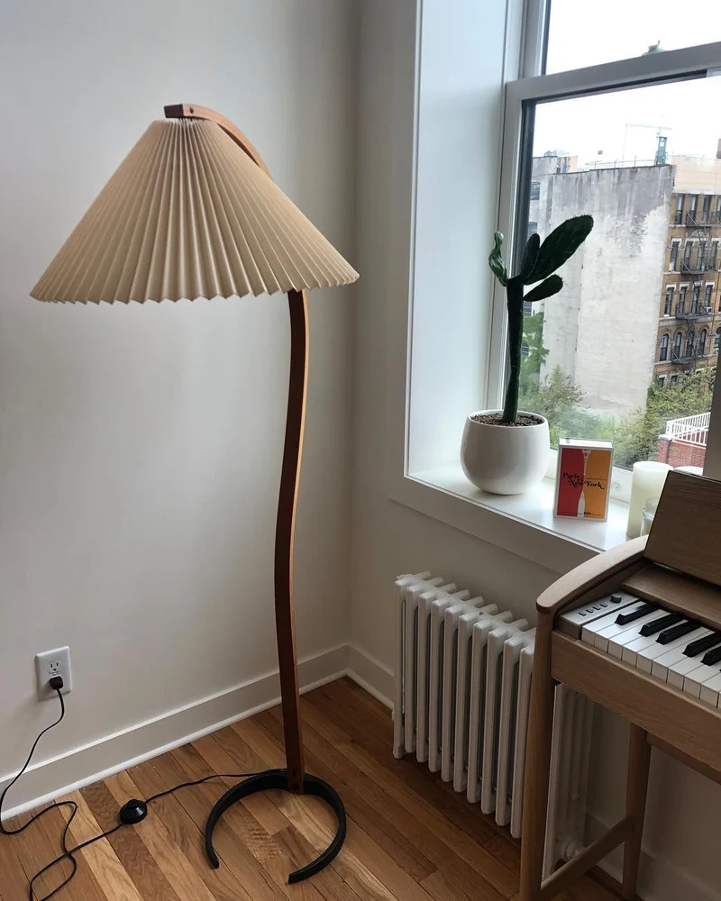Boog Vloerlamp Beukenhouten Linnen Kap Retro Woonkamer | Sansoti