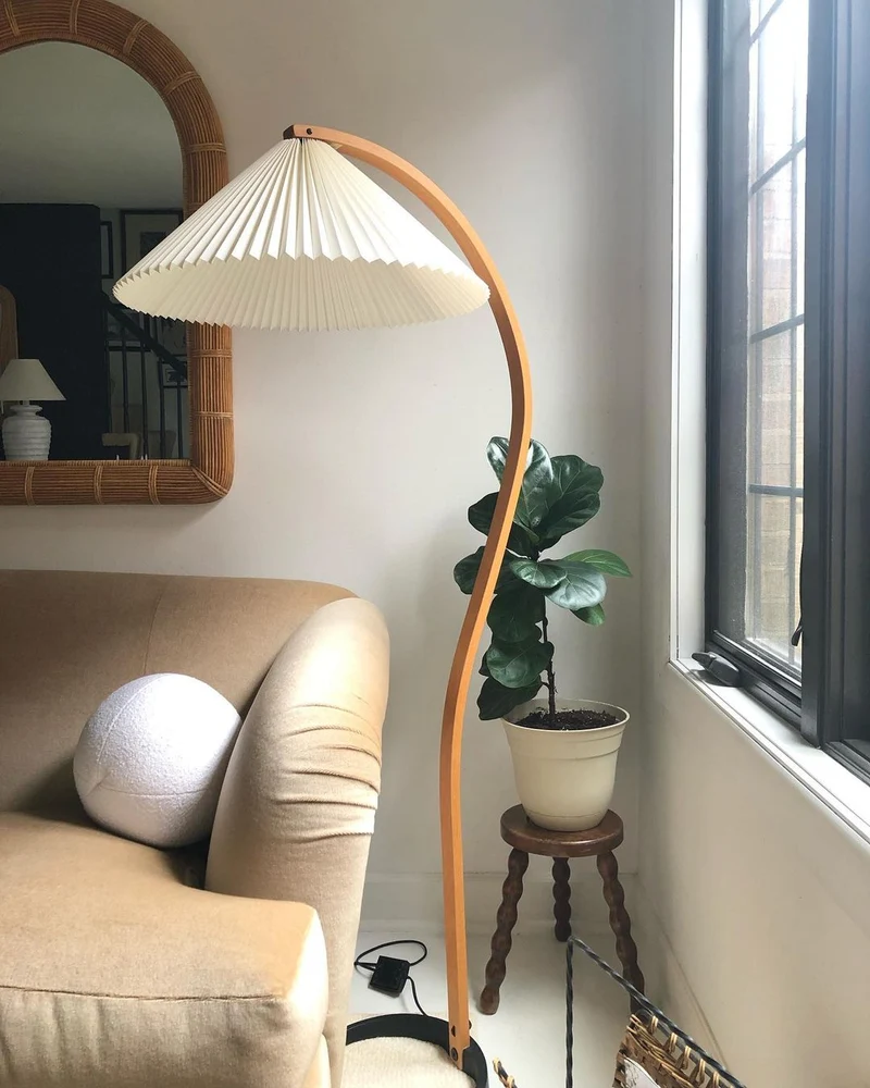 Boog Vloerlamp Beukenhouten Linnen Kap Retro Woonkamer | Sansoti