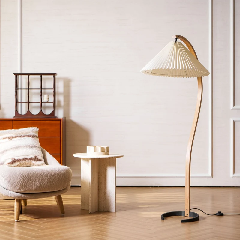 Boog Vloerlamp Beukenhouten Linnen Kap Retro Woonkamer | Sansoti