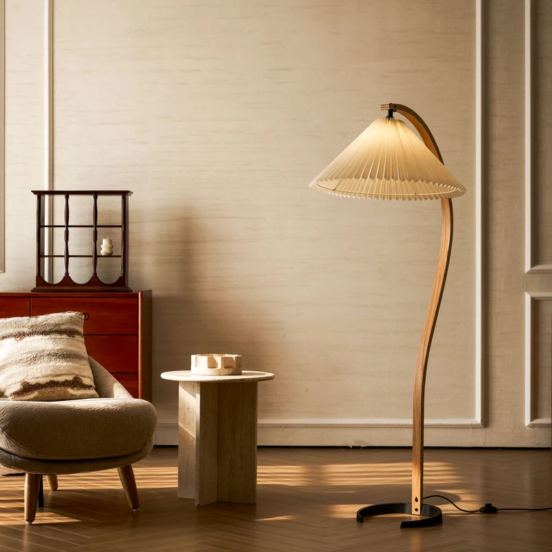 Boog Vloerlamp Beukenhouten Linnen Kap Retro Woonkamer | Sansoti