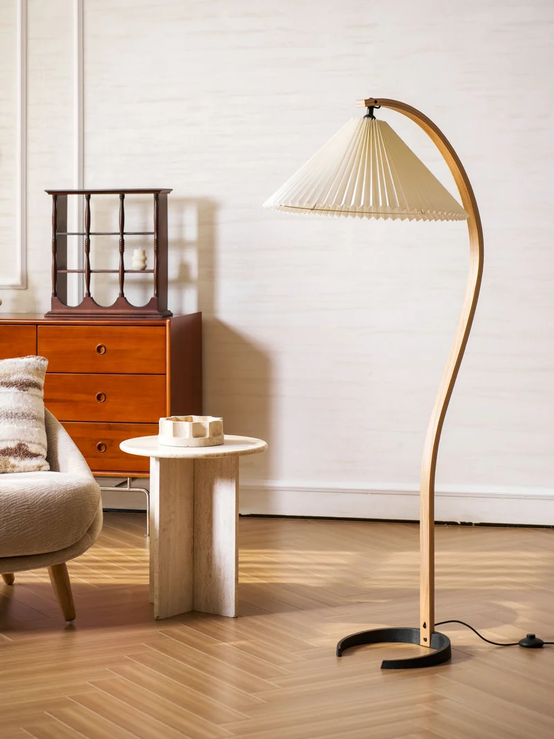 Boog Vloerlamp Beukenhouten Linnen Kap Retro Woonkamer | Sansoti