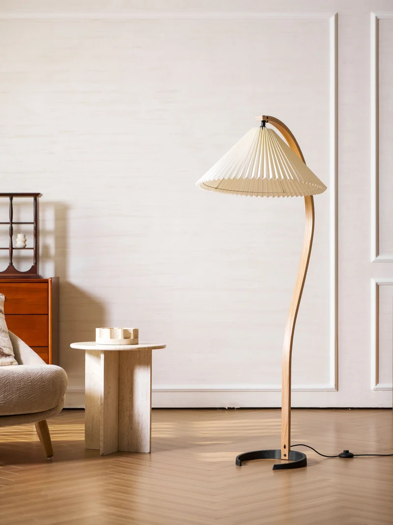 Boog Vloerlamp Beukenhouten Linnen Kap Retro Woonkamer | Sansoti