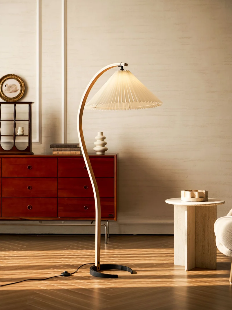 Boog Vloerlamp Beukenhouten Linnen Kap Retro Woonkamer | Sansoti