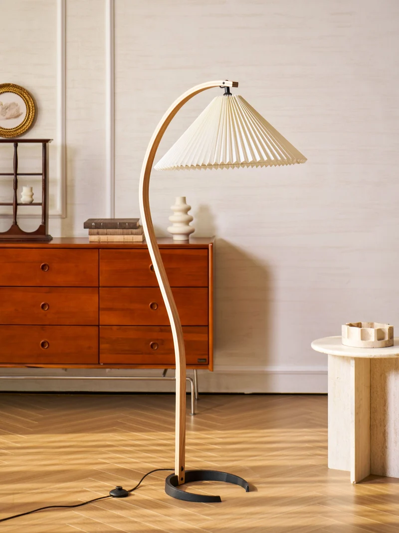 Boog Vloerlamp Beukenhouten Linnen Kap Retro Woonkamer | Sansoti